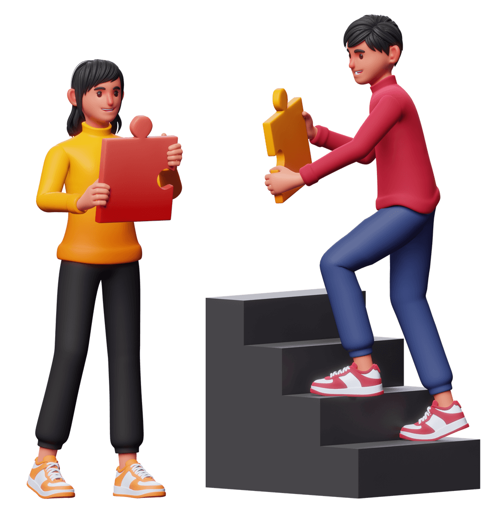 Two animated characters work together on a puzzle, showcasing the power of SEO AI alt images and tags for generating keywords.