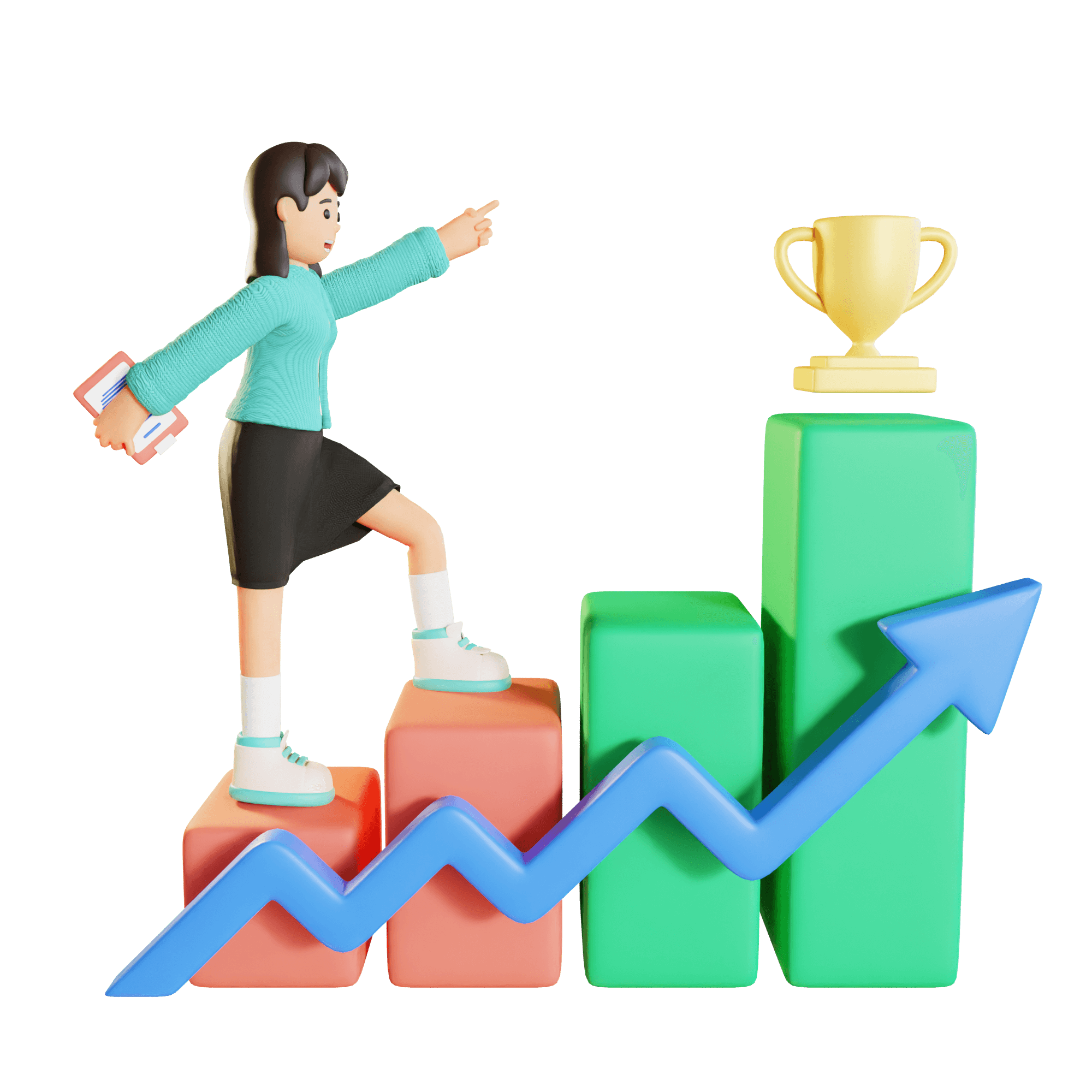 A character triumphantly climbs bar graphs, representing growth, with a trophy above, perfect for ai alt images and tags for seo ai alt image and keyword generator ai.