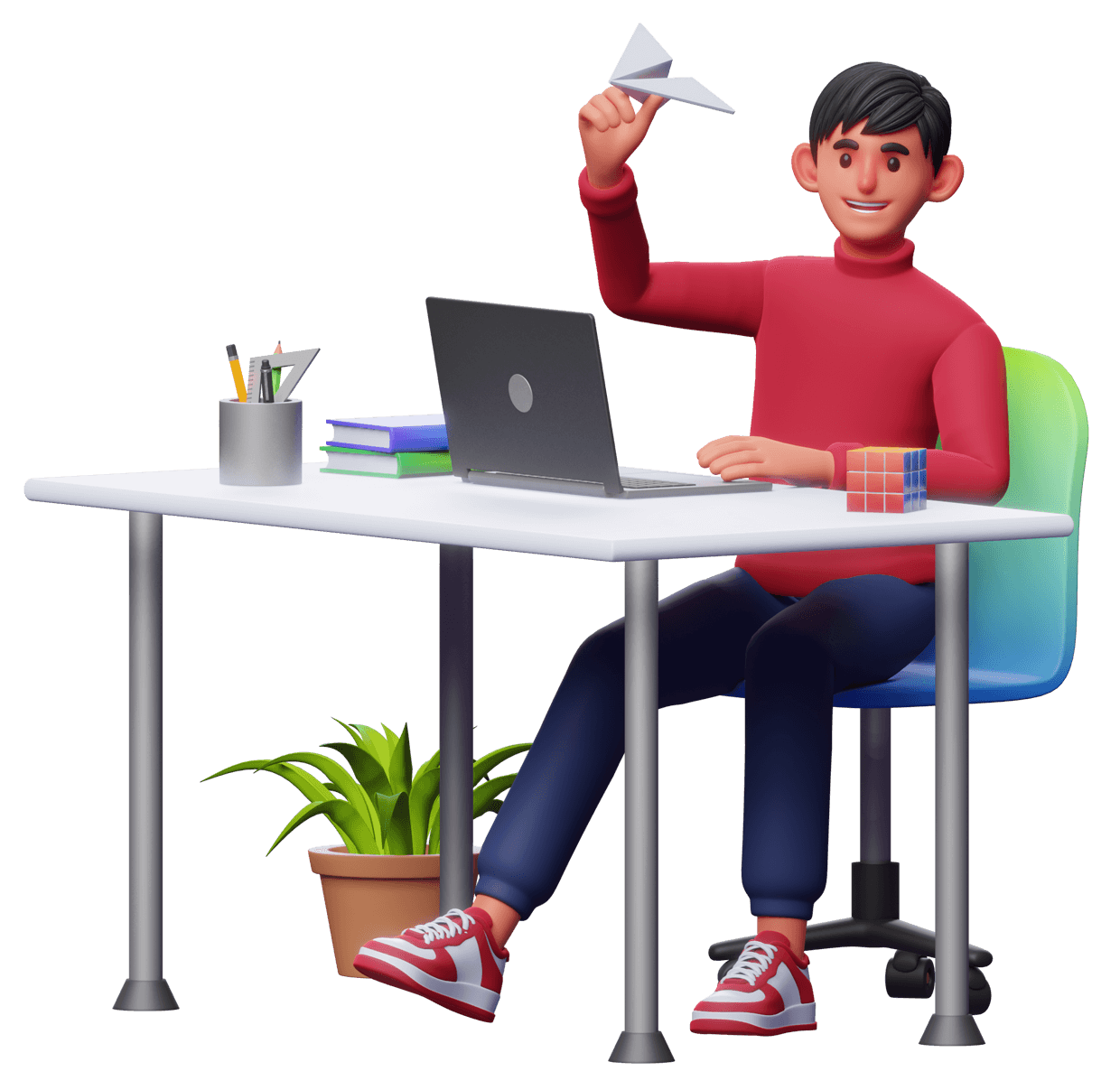 A person at a desk with a laptop and paper airplane, utilizing AI for creative projects and optimizing SEO with AI alt images and tags.